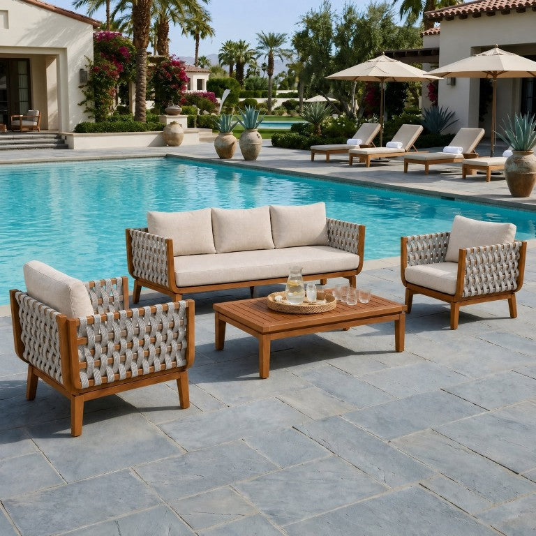 English Elm 4 Piece Outdoor Acacia Wood Conversation Set with Teak Finish and Woven Rope Lounge Seating N762S000049AAD