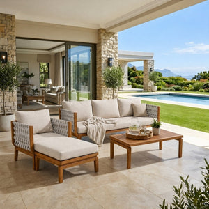 English Elm Acacia Wood Outdoor Conversation Set Resort Style Teak Frame Rope Weave 4 Piece N762S000050AAD