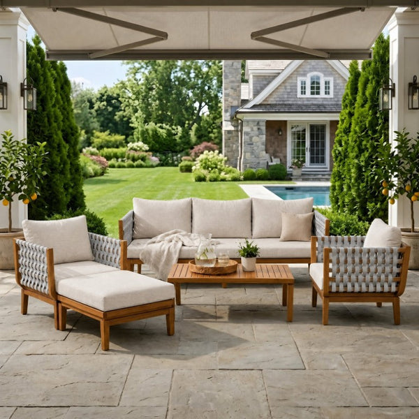 English Elm Acacia Wood Outdoor Conversation Set Resort Style Teak Frame Rope Weave 4 Piece N762S000050AAD