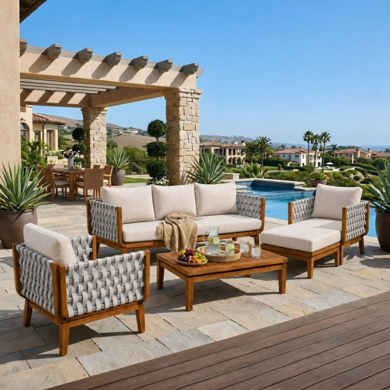 English Elm 5-Piece Acacia Wood Outdoor Sofa Set with Woven Rope Accents and Teak Finish Cushions N762S000051AAD
