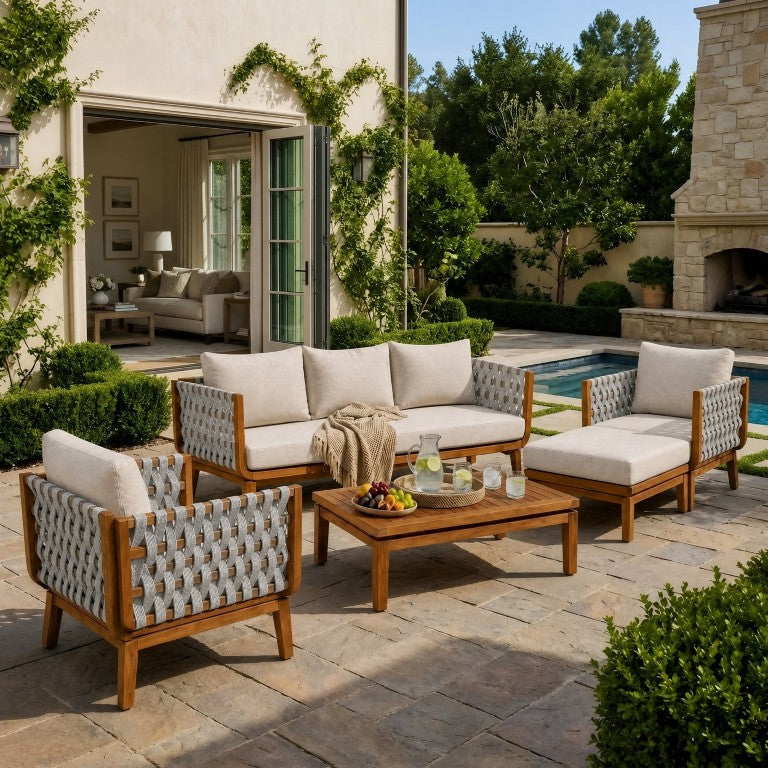English Elm 5-Piece Acacia Wood Outdoor Sofa Set with Woven Rope Accents and Teak Finish Cushions N762S000051AAD