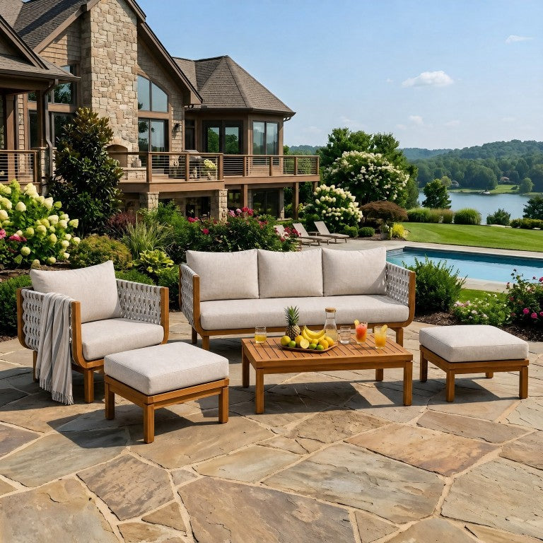 English Elm 5 Piece Acacia Wood Outdoor Sofa Set Woven Rope Texture Teak Finish Beige Cushions N762S000052AAD
