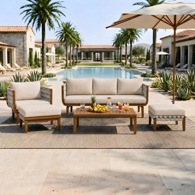 English Elm 5 Piece Acacia Wood Outdoor Sofa Set Woven Rope Texture Teak Finish Beige Cushions N762S000052AAD