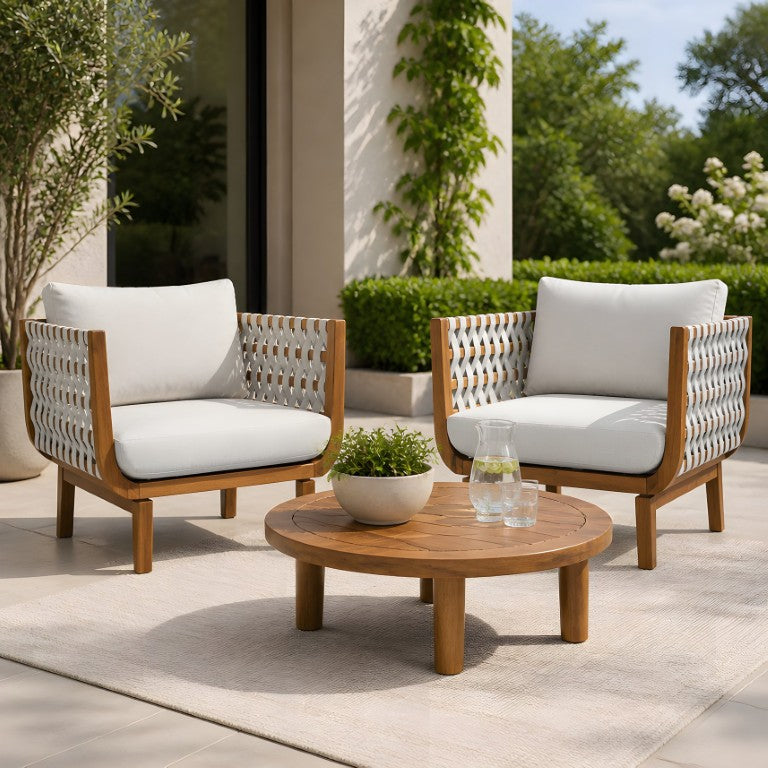 English Elm 31.3 Inch Acacia Wood Outdoor Club Chair Set Woven Rope Teak Patio Lounge Seating N762S000053AAD
