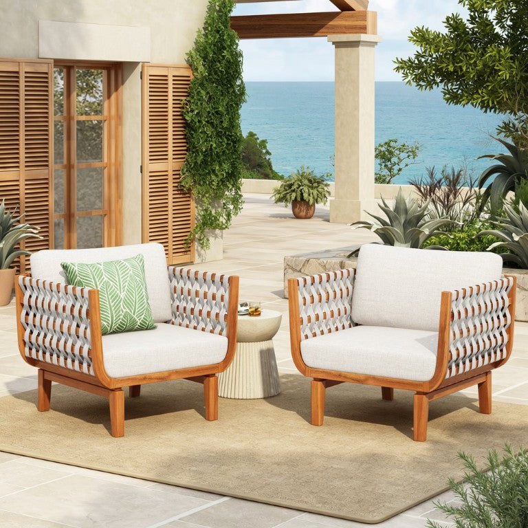 English Elm 31.3 Inch Acacia Wood Outdoor Club Chair Set Woven Rope Teak Patio Lounge Seating N762S000053AAD