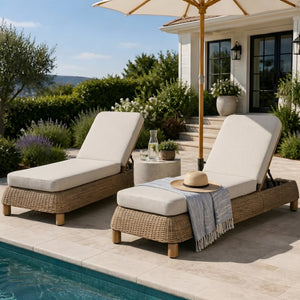English Elm Adjustable Wicker Outdoor Chaise Lounge with Acacia Frame and Plush Cushion for Patio Brown+Beige Set of 2 N762S000055D