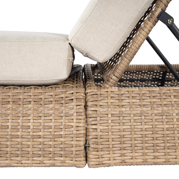 English Elm Adjustable Wicker Outdoor Chaise Lounge with Acacia Frame and Plush Cushion for Patio Brown+Beige Set of 2 N762S000055D