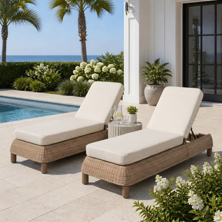 English Elm Adjustable Wicker Outdoor Chaise Lounge with Acacia Frame and Plush Cushion for Patio Brown+Beige Set of 2 N762S000055D