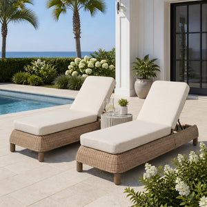 English Elm Adjustable Wicker Outdoor Chaise Lounge with Acacia Frame and Plush Cushion for Patio Brown+Beige Set of 2 N762S000055D