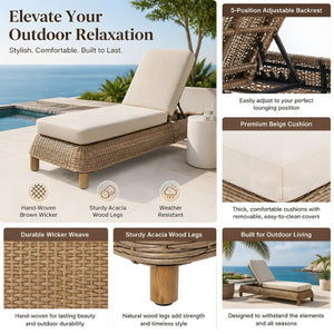 English Elm Adjustable Wicker Outdoor Chaise Lounge with Acacia Frame and Plush Cushion for Patio Brown+Beige Set of 2 N762S000055D