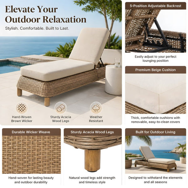 English Elm Adjustable Wicker Outdoor Chaise Lounge with Acacia Frame and Plush Cushion for Patio Brown+Beige Set of 2 N762S000055D