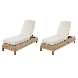 English Elm Adjustable Wicker Outdoor Chaise Lounge with Acacia Frame and Plush Cushion for Patio Brown+Beige Set of 2 N762S000055D