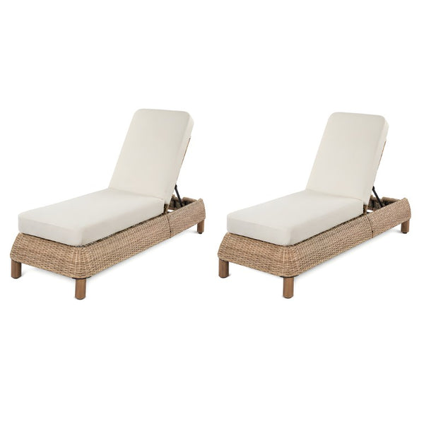 English Elm Adjustable Wicker Outdoor Chaise Lounge with Acacia Frame and Plush Cushion for Patio Brown+Beige Set of 2 N762S000055D