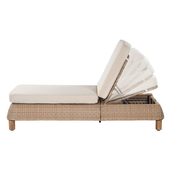 English Elm Adjustable Wicker Outdoor Chaise Lounge with Acacia Frame and Plush Cushion for Patio Brown+Beige Set of 2 N762S000055D