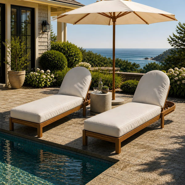 English Elm Outdoor Acacia Wood Dining Chairs Slatted Backrest Teak Finish Resort Style Patio Set Chaise Lounge Set of 2 Teak + Beige N762S000056A