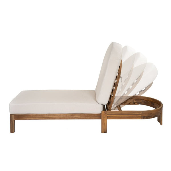 English Elm Outdoor Acacia Wood Dining Chairs Slatted Backrest Teak Finish Resort Style Patio Set Chaise Lounge Set of 2 Teak + Beige N762S000056A