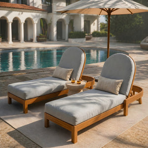 English Elm Patio Acacia Wood Reclining Lounger Set Teak Finish Slatted Frame Cushioned Poolside N762S000056E