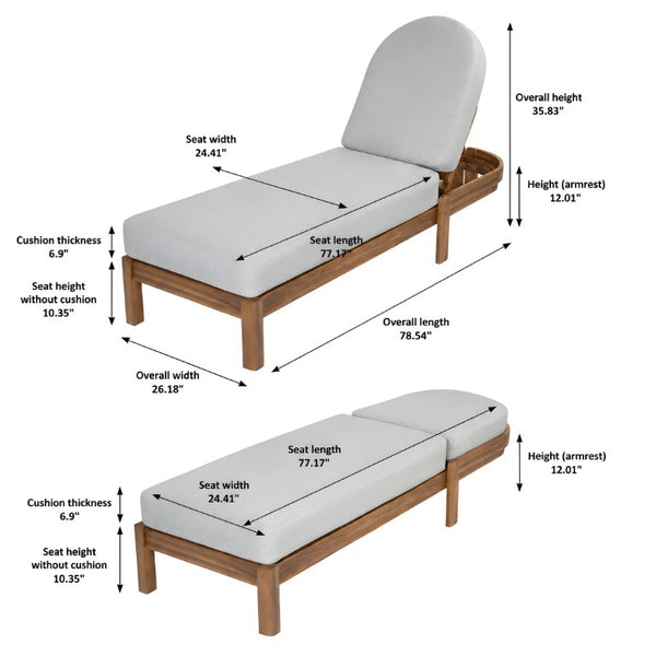 English Elm Patio Acacia Wood Reclining Lounger Set Teak Finish Slatted Frame Cushioned Poolside N762S000056E