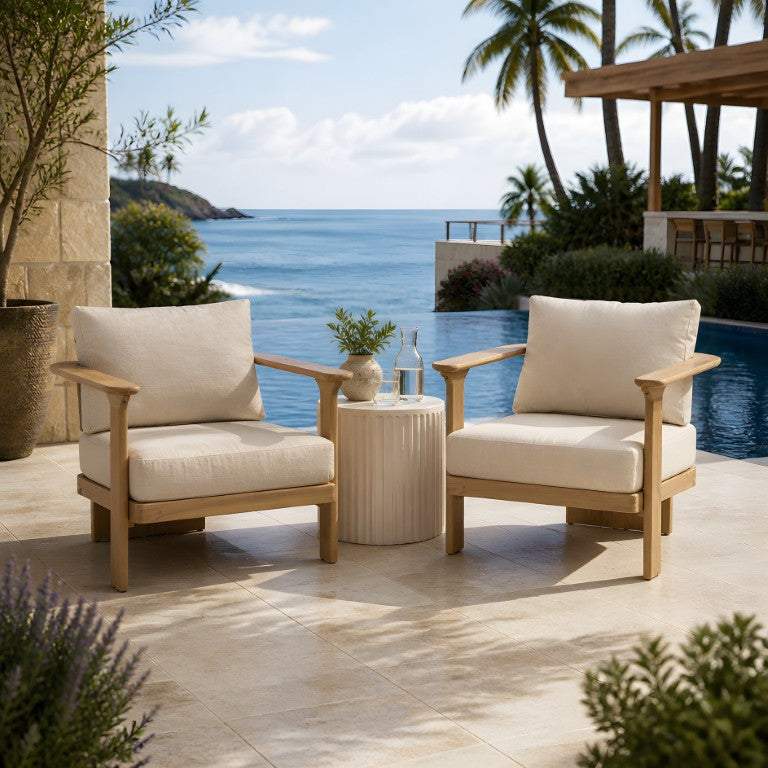 English Elm Outdoor Solid Acacia Wood Club Chair with Thick Water-Repellent Beige Cushion for Patios Set of 2 N762S000057D