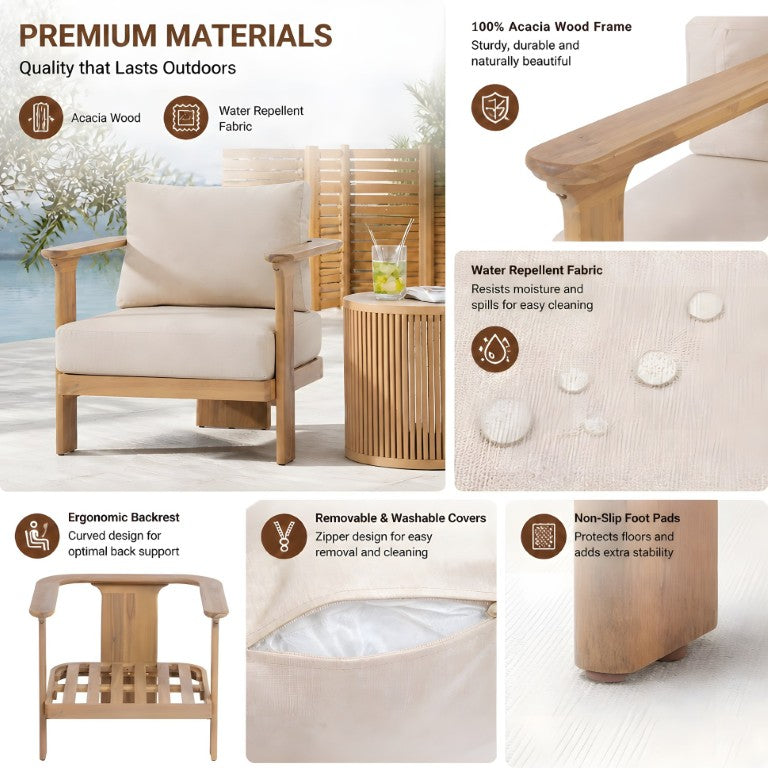 English Elm Outdoor Solid Acacia Wood Club Chair with Thick Water-Repellent Beige Cushion for Patios Set of 2 N762S000057D