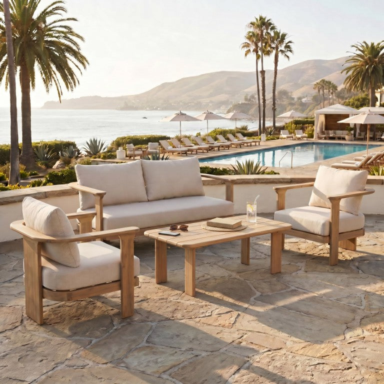 English Elm 4-Piece Solid Acacia Wood Outdoor Conversation Set with Beige Cushions for Deck or Patio N762S000058D