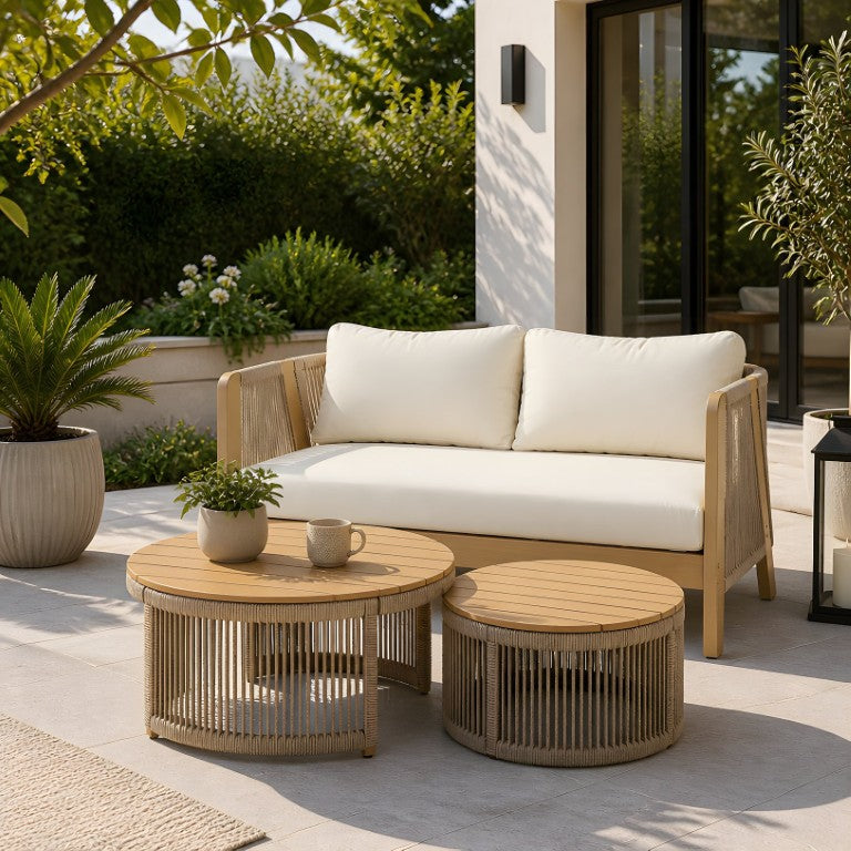 English Elm Outdoor Acacia Wood Loveseat Set with Woven Rope Nesting Tables Teak Patio N762S000058L