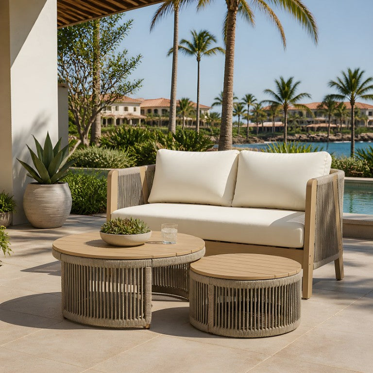 English Elm Outdoor Acacia Wood Loveseat Set with Woven Rope Nesting Tables Teak Patio N762S000058L