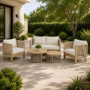 English Elm 5 Piece Acacia Wood Outdoor Dining Set with Woven Rope Chairs and Cushions for Patio Beige, Cream, Light Teak N762S000059L