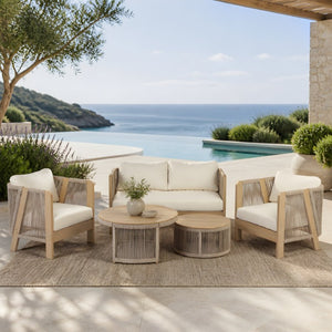 English Elm 5 Piece Acacia Wood Outdoor Dining Set with Woven Rope Chairs and Cushions for Patio Beige, Cream, Light Teak N762S000059L