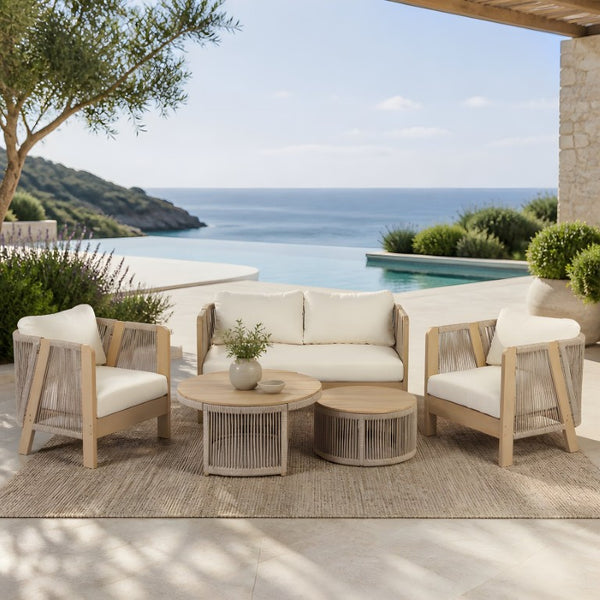 English Elm 5 Piece Acacia Wood Outdoor Dining Set with Woven Rope Chairs and Cushions for Patio Beige, Cream, Light Teak N762S000059L