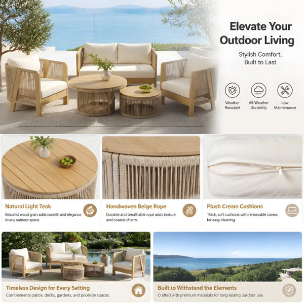 English Elm 5 Piece Acacia Wood Outdoor Dining Set with Woven Rope Chairs and Cushions for Patio Beige, Cream, Light Teak N762S000059L