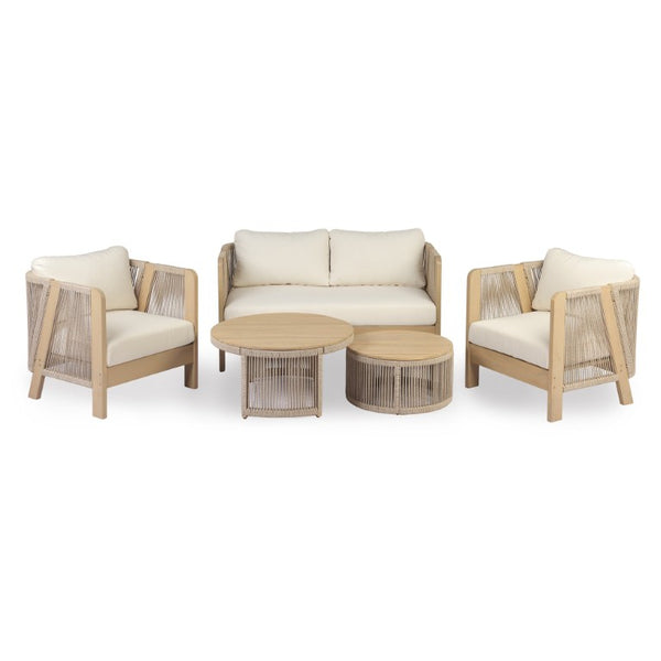English Elm 5 Piece Acacia Wood Outdoor Dining Set with Woven Rope Chairs and Cushions for Patio Beige, Cream, Light Teak N762S000059L