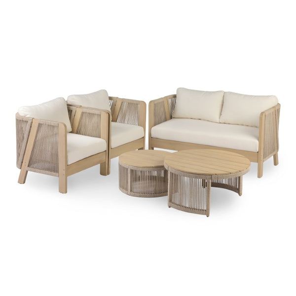 English Elm 5 Piece Acacia Wood Outdoor Dining Set with Woven Rope Chairs and Cushions for Patio Beige, Cream, Light Teak N762S000059L