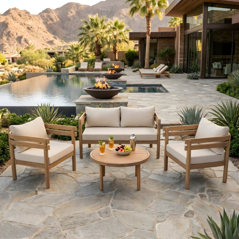 English Elm 4-Piece Solid Acacia Outdoor Conversation Set with Slatted Frame and Washable Cushions N762S000060D
