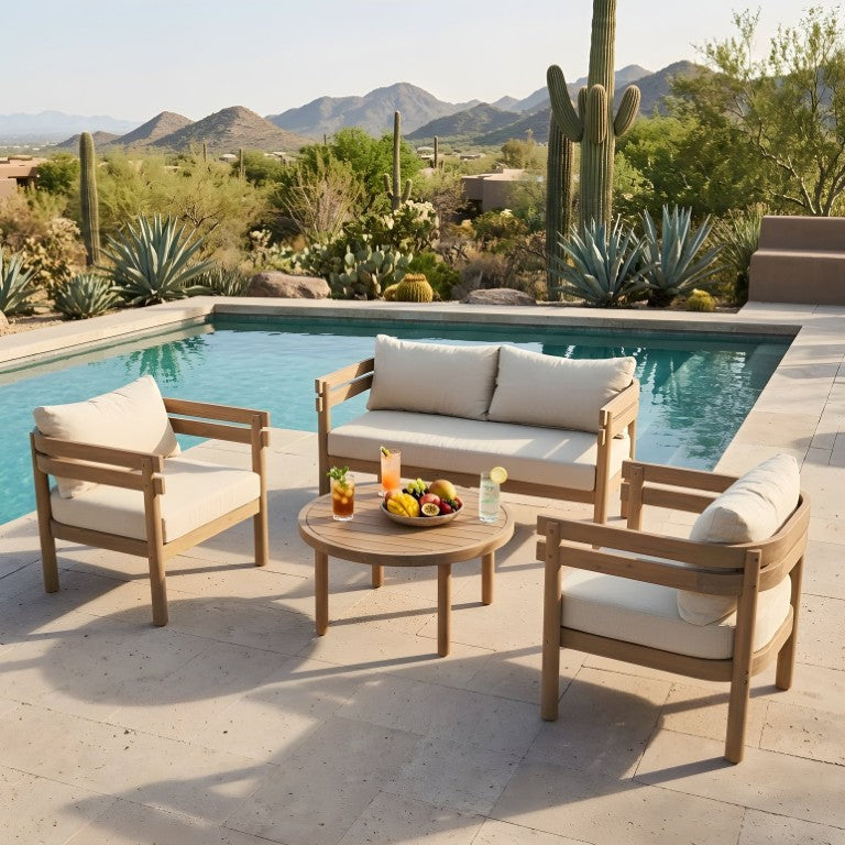 English Elm 4-Piece Solid Acacia Outdoor Conversation Set with Slatted Frame and Washable Cushions N762S000060D