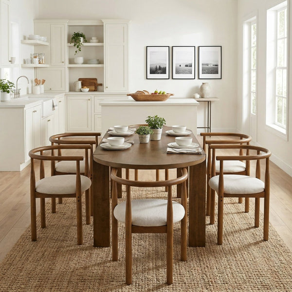 English Elm 7 Piece Oval Rubberwood Dining Set Seats Six with Upholstered Chairs Walnut Finish N762S100003AAD