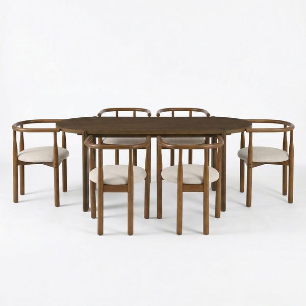 English Elm 7 Piece Oval Rubberwood Dining Set Seats Six with Upholstered Chairs Walnut Finish N762S100003AAD
