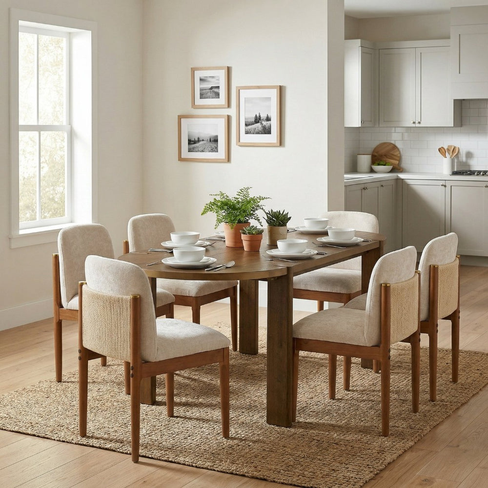 English Elm 7 Piece Oval Rubberwood Dining Set Seats Six with Rope Back Chairs Brass Accents N762S100005AAD