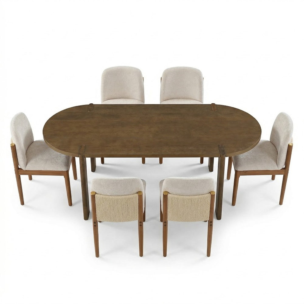 English Elm 7 Piece Oval Rubberwood Dining Set Seats Six with Rope Back Chairs Brass Accents N762S100005AAD