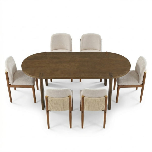 English Elm 7 Piece Oval Rubberwood Dining Set Seats Six with Rope Back Chairs Brass Accents N762S100005AAD