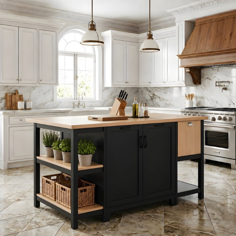 English Elm 58 Inch Freestanding Kitchen Island with Wood Grain Countertop Drawers and Cabinet Storage N762S100006AAB