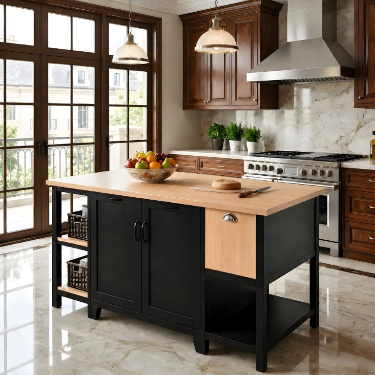 English Elm 58 Inch Freestanding Kitchen Island with Wood Grain Countertop Drawers and Cabinet Storage N762S100006AAB