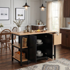 English Elm 58 Inch Freestanding Kitchen Island with Wood Grain Countertop Drawers and Cabinet Storage N762S100006AAB