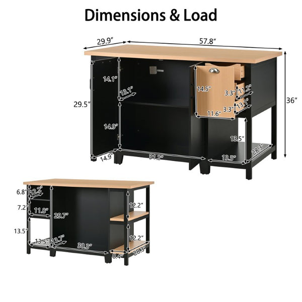 English Elm 58 Inch Freestanding Kitchen Island with Wood Grain Countertop Drawers and Cabinet Storage N762S100006AAB
