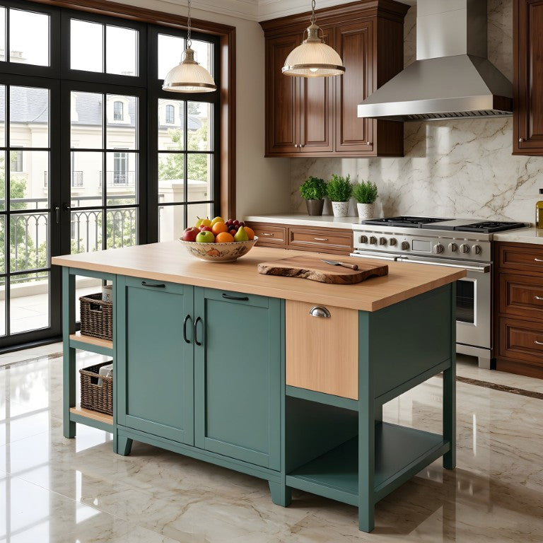 English Elm 58 Inch Farmhouse Kitchen Island with Drawers Cabinets and Open Shelving Natural Wood Tone N762S100006AAF