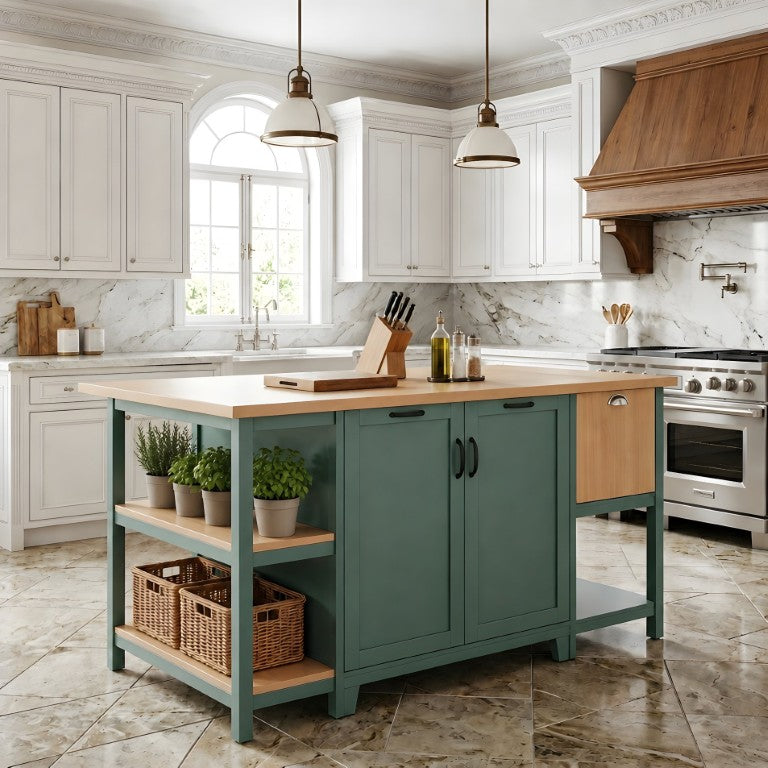 English Elm 58 Inch Farmhouse Kitchen Island with Drawers Cabinets and Open Shelving Natural Wood Tone N762S100006AAF