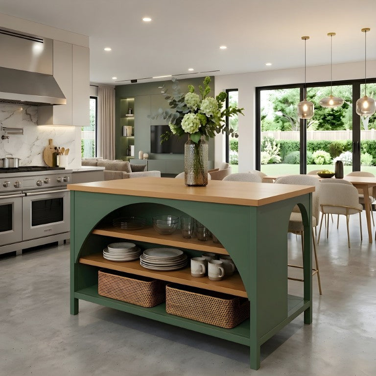 English Elm 56 Inch Farmhouse Kitchen Island with Rubberwood Top Three Tier Open Shelving Arch Frame N762S100007AAF