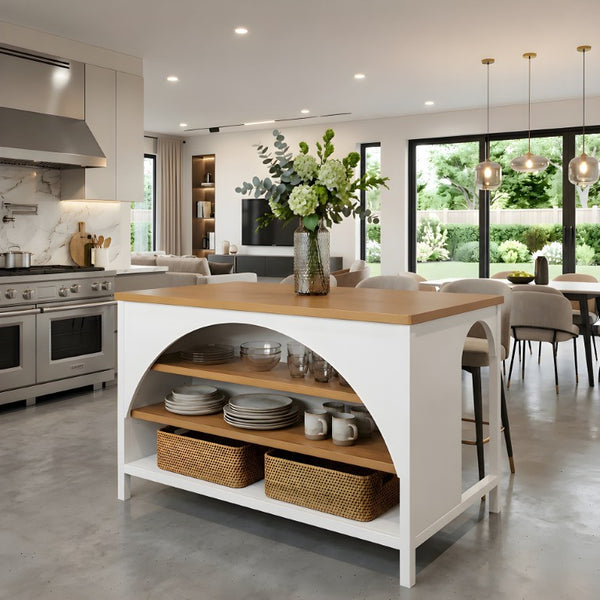 English Elm 56 Inch Farmhouse Kitchen Island with Arch Detail Open Shelving and Rubberwood Prep Top N762S100007AAK