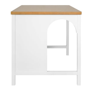 English Elm 56 Inch Farmhouse Kitchen Island with Arch Detail Open Shelving and Rubberwood Prep Top N762S100007AAK