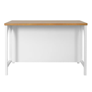 English Elm 56 Inch Farmhouse Kitchen Island with Arch Detail Open Shelving and Rubberwood Prep Top N762S100007AAK
